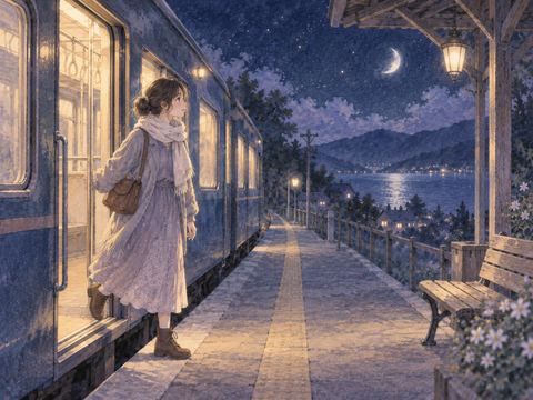 夜の駅で電車から降りる人物