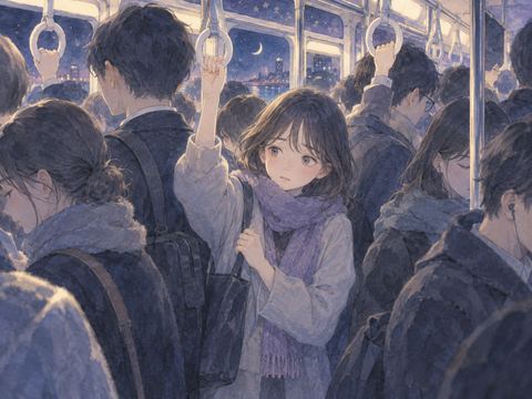 人で混み合う夜の電車で窮屈そうに立つ人物