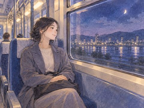 夜の電車で座席に腰掛けてほっとする人物