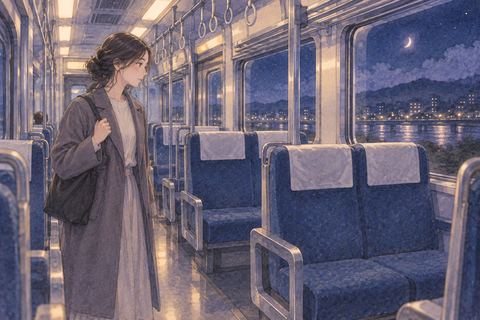 空いた座席が並ぶ静かな夜の電車