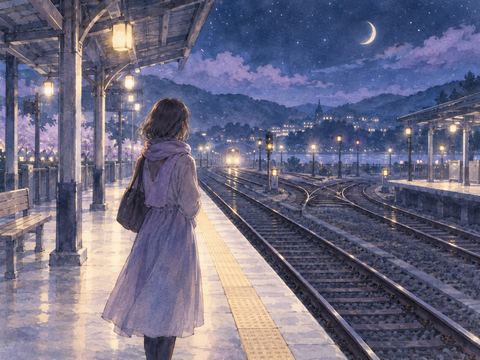 夜のホームで来る電車を静かに待つ人物