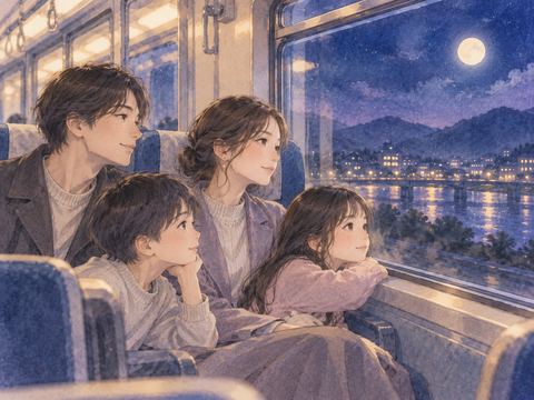 夜の電車で家族が同じ方向を向いて座る場面