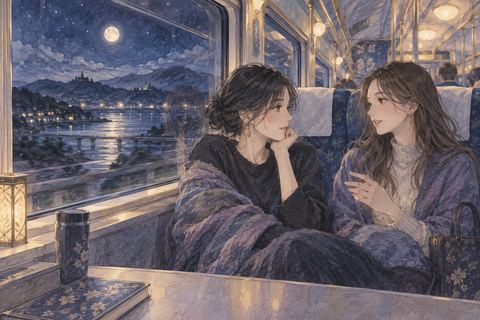 夜の電車で友達同士が穏やかに話す場面