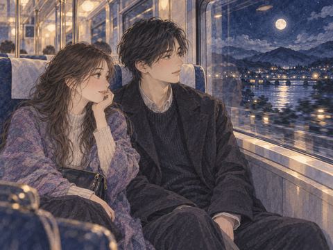 夜の電車で好きな人と隣に座る人物