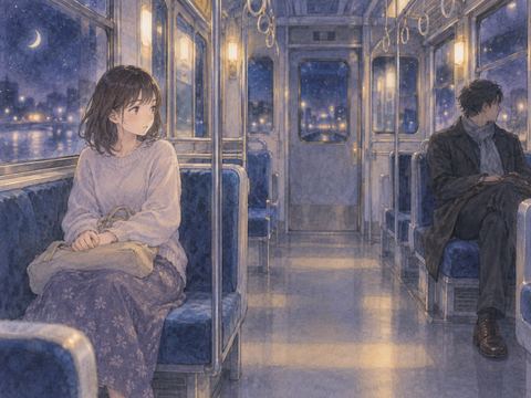 夜の電車で知らない人と離れて座る人物