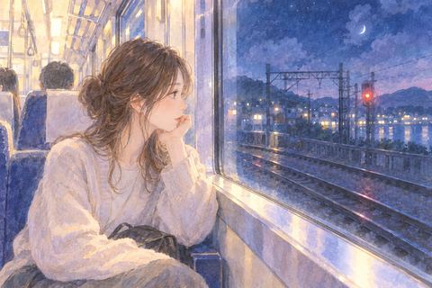 夜の線路上で静かに停車した電車と車内の人物