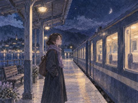 遅れている夜の電車を静かに待つ乗客