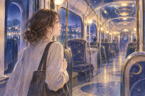 見慣れない夜の電車に乗る人物