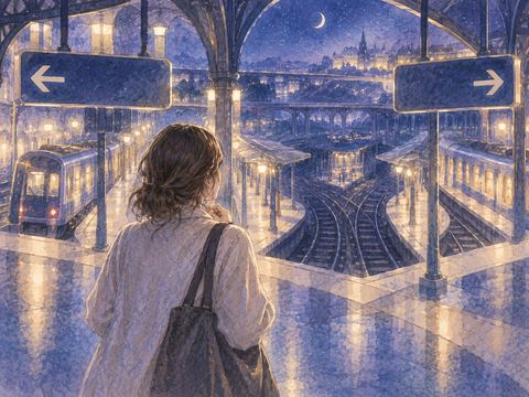 夜の路線を何度も乗り換えながら目的地を探す人物