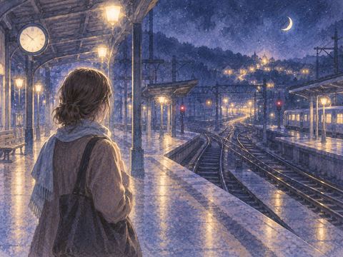 夜の駅で家へ帰る電車が分からず立ち尽くす人物
