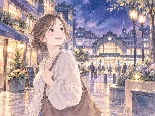 見知らぬ駅前の街を笑顔で眺める女性