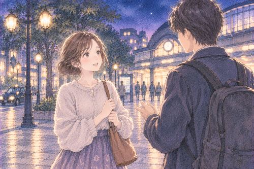 見知らぬ駅前で知らない人と話す女性