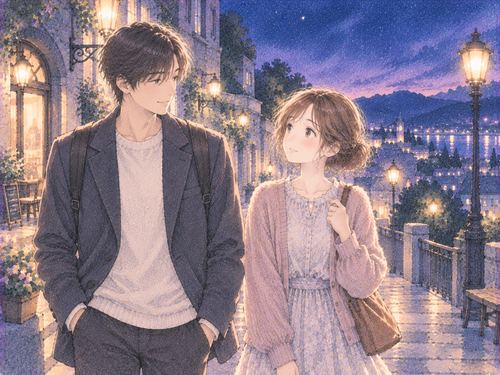 見知らぬ街を成人男性と並んで歩く女性