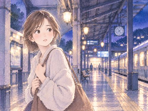 静かな見知らぬ駅で慎重に辺りを見る女性