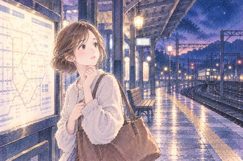 終電後のような駅で帰り道を探す女性