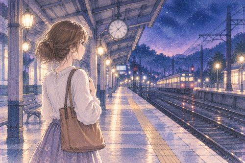 電車が去った見知らぬホームに一人残る女性
