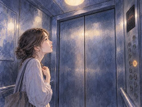 止まったエレベーターの中で扉を見る女性