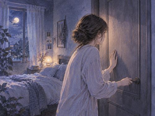 夜の部屋で開かない扉の前に立つ女性