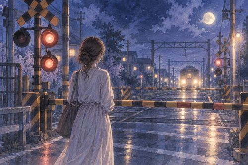 夜の踏切内で遮断機に進路を阻まれた女性