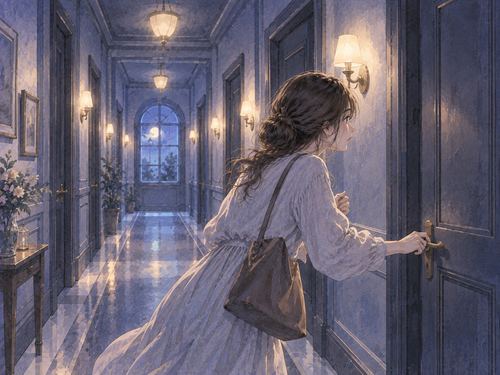 閉じた廊下で出口を探して扉を確かめる女性
