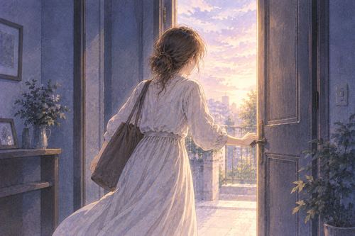 開いた扉から明るい外へ踏み出す女性