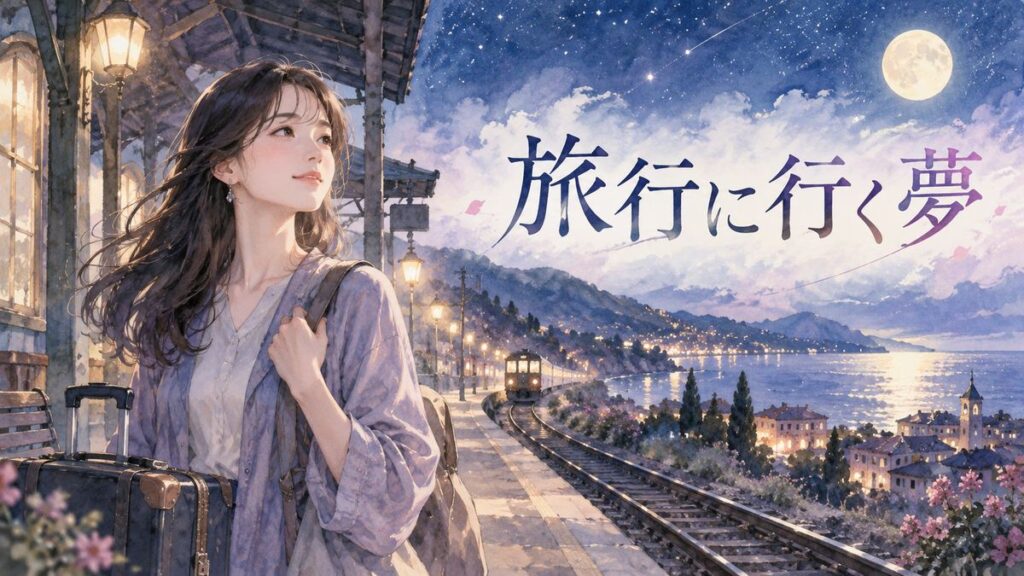 夜の旅行風景を前に、夢の余韻を感じながら立つ大人の女性