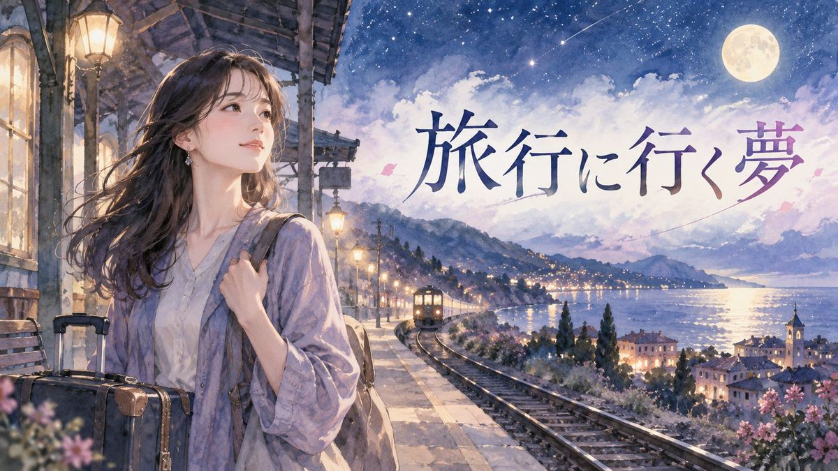夜の旅行風景を前に、夢の余韻を感じながら立つ大人の女性