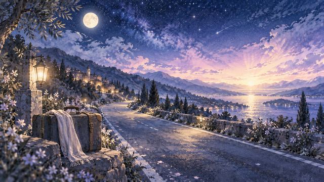 夜明け前の空の下で遠くへ続く旅行の道と小さな旅行鞄