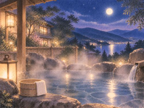 夜の露天風呂と湯気に包まれた静かな温泉宿