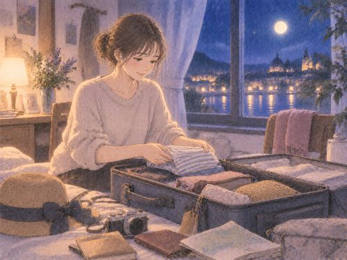 夜の部屋で旅行鞄に荷物を静かに詰める場面