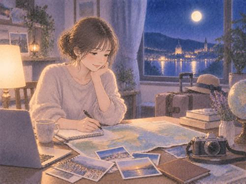 夜の机で地図と旅の予定を眺める女性