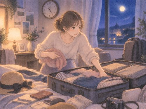 夜の部屋で旅行鞄を前に焦って支度をする女性