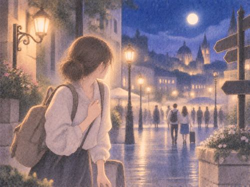 夜の観光地で一人になり、遠くの人影を探す女性