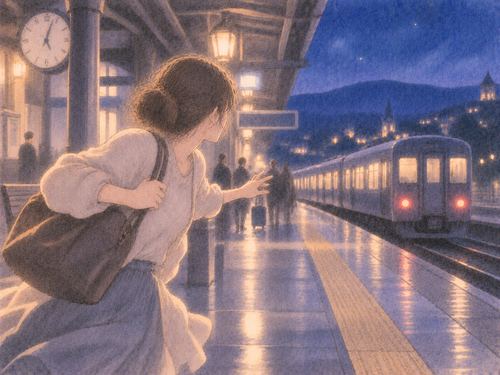夜の駅で走り出しそうになりながら列車を見つめる女性
