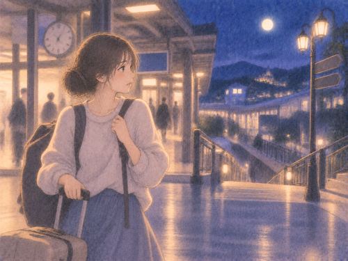 夜の見知らぬ駅で帰り道を探す女性