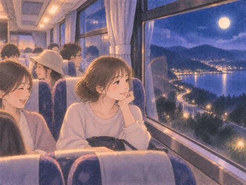 夜の観光バスの車内で窓の外を眺める旅行者たち