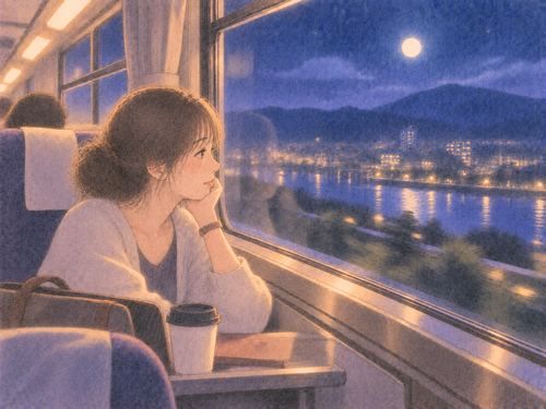 夜の列車の車窓から遠くの街明かりを眺める旅行者