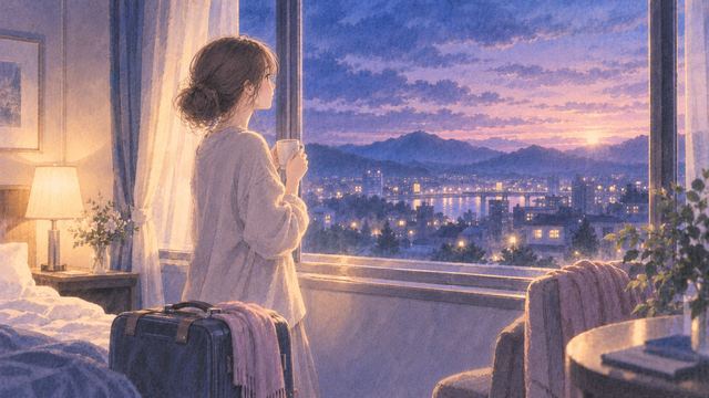 夜明け前の部屋で旅行の余韻を思い返す女性と窓辺の旅行鞄
