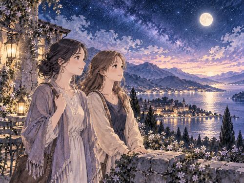夜の旅行先で友達と並んで景色を眺める二人の人物