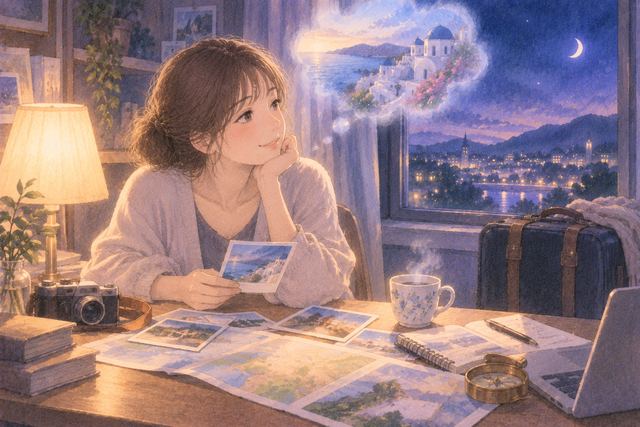 夜の机に旅行の写真と予定表を置きながら夢を思い返す女性