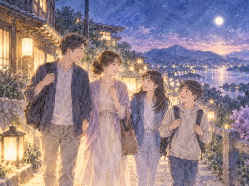 夜の旅行先で家族が穏やかに一緒に歩いている場面