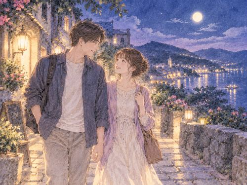 夜の旅行先で好きな人と並んで歩く二人の姿