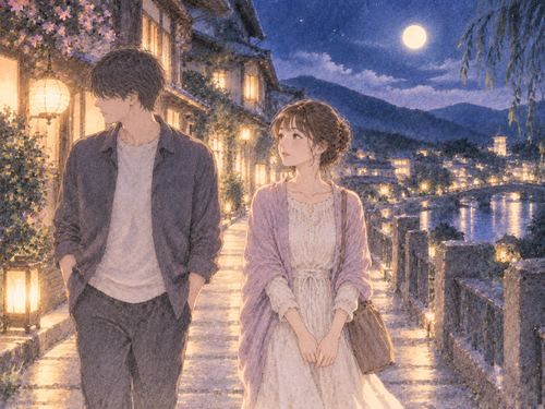 夜の旅先で過去を思わせる男性と並んで歩く女性