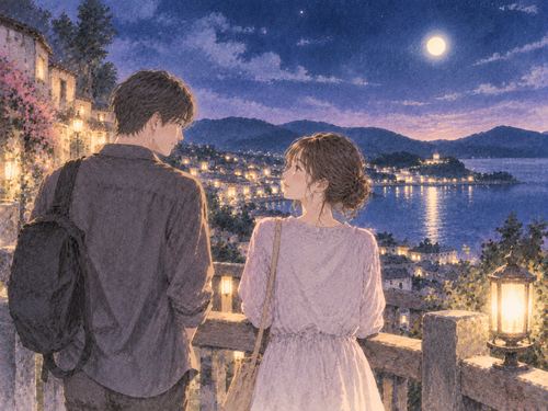 夜の旅先で少し距離をあけて並ぶ女性と男性