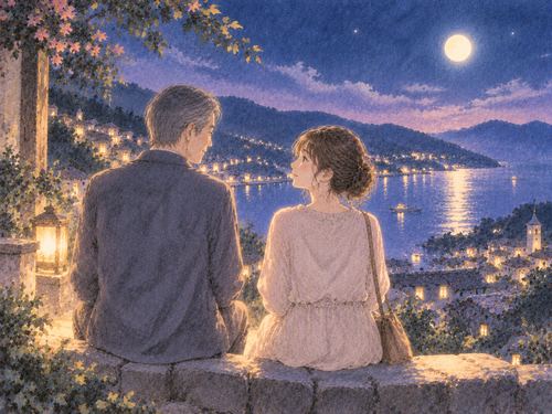 静かな夜の旅先で思い出の人と並んで景色を見る場面