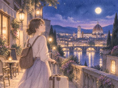 夜の異国の街を見つめる旅行者の女性