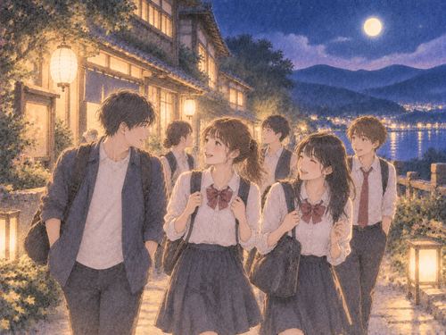 夜の宿泊先で仲間と一緒に歩く修学旅行の若者たち
