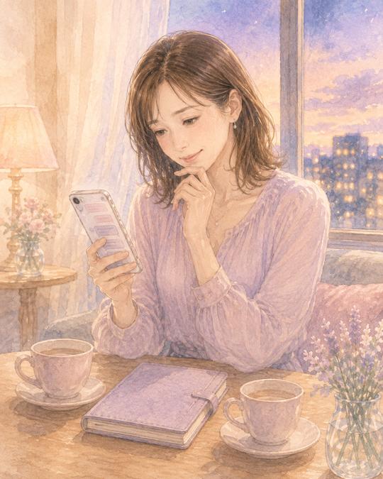 好意を感じるメッセージを見ながら関係が決まらず迷う女性