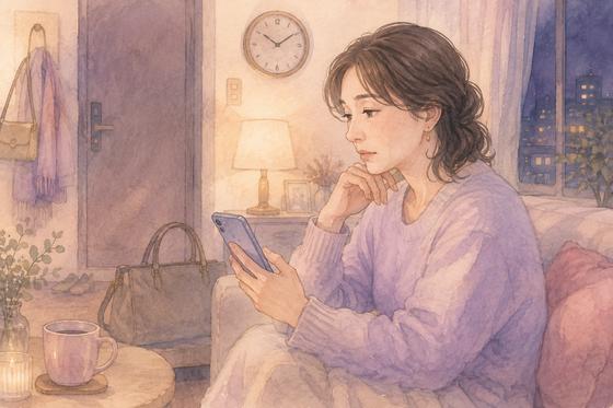 夜に届いた急な誘いのメッセージを見て考える女性