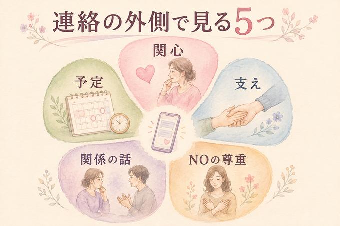 関心、予定、支え、関係の話、NOの尊重の5つを花びら状に整理した図解